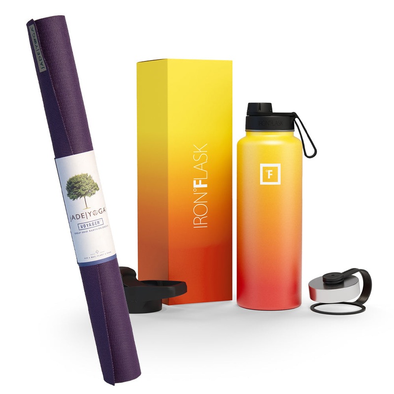 Jade Yoga Voyager Mat – Purple & Iron Flask Wide Mouth Bottle with Spout Lid, Fire, 32oz/950ml Bundle