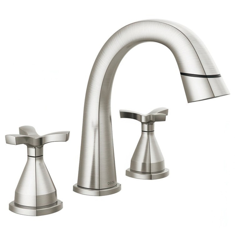 Lavatory Faucet Stryke Widespread 8-16 Inch Spread 2 Lever ADA WaterSense Stainless Pull Down 1.2 Gallons per Minute