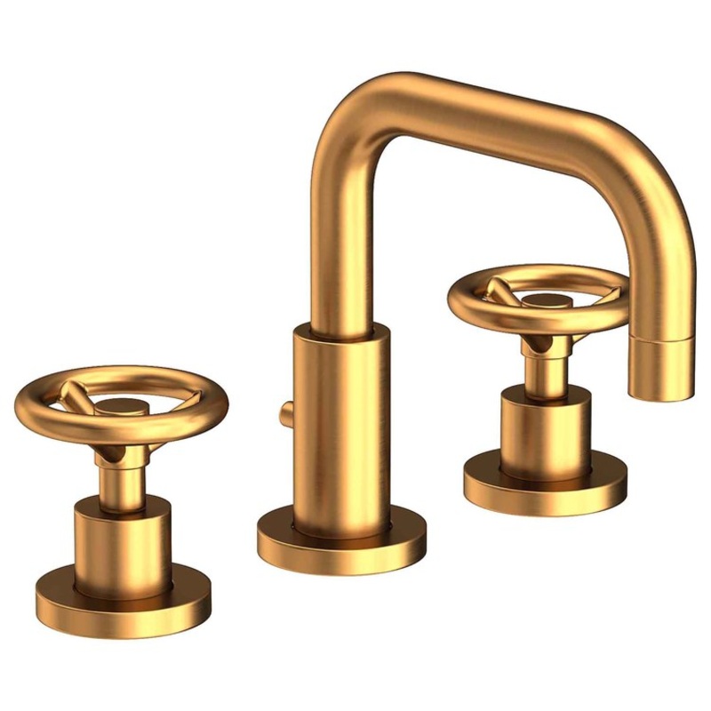 Lavatory Faucet Tyler Widespread 8 to 20 Inch Spread 2 Wheel Satin Gold PVD 1.2 Gallons per Minute Brass Spout Height 3-9/16 Inch