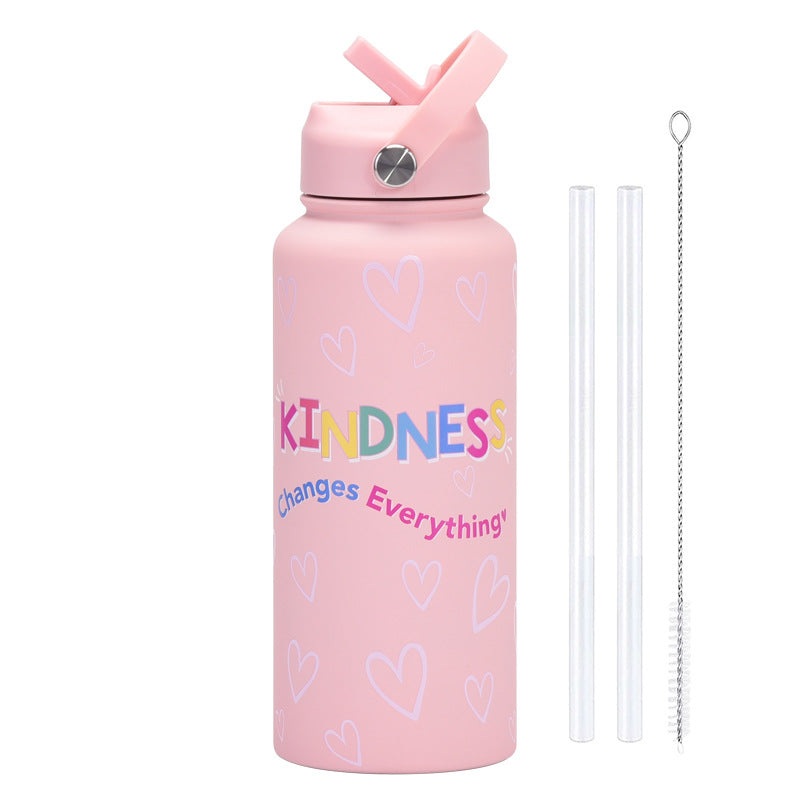 Style 11A Pink Vibrant Fun Print 1L Stainless Steel Insulated Water Bottle – 32oz Large Capacity with Straw Lid & Carry Handle – BPA-Free