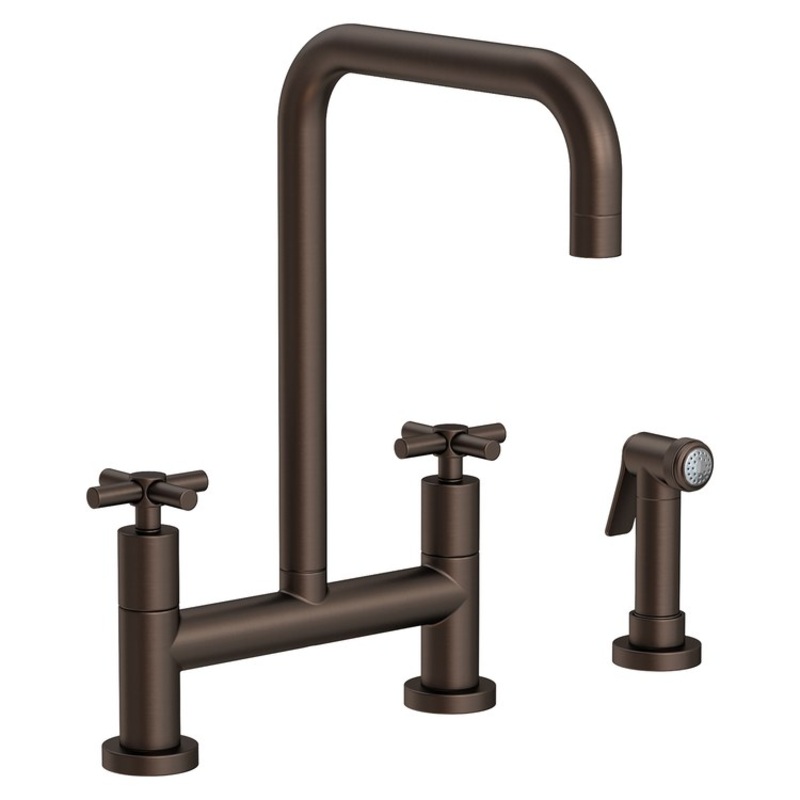 Kitchen Faucet East Square Bridge 8 Inch Spread 2 Cross ADA English Bronze Sidespray Spout Height 11-1/5 Inch 1.8 Gallons per Minute