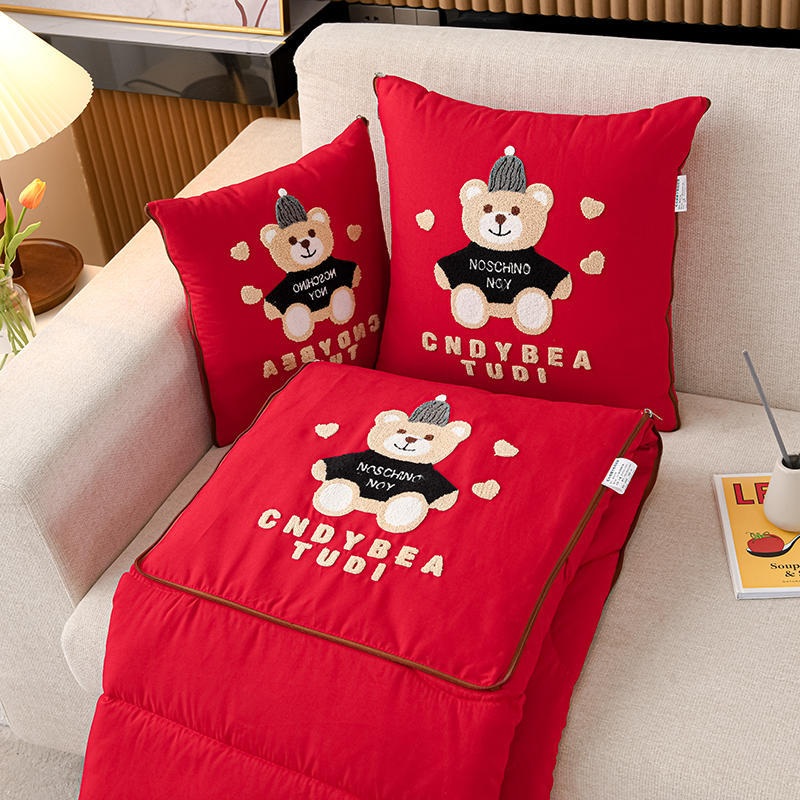 Red Cap Bear 2-in-1 Foldable Car Pillow Blanket – Cozy 40x40cm Pillow, Unfolds to 100x150cm Blanket for Travel and Office Naps