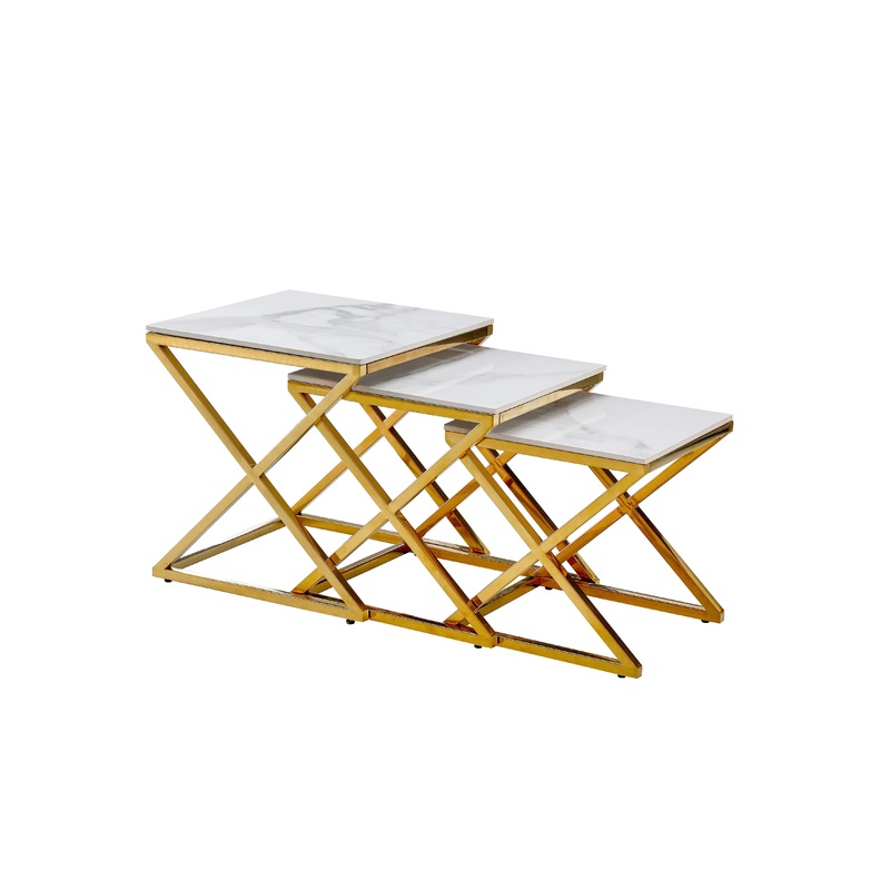 Bella Set of 3 Gold Side Table – White Marble