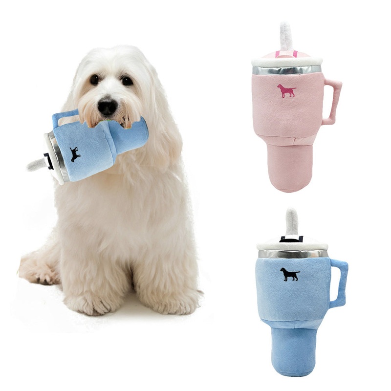 Blue Plush Travel Mug Squeaky Dog Toy – Soft Polyester Chew Toy for Boredom Relief & Interactive Fun – 31cm