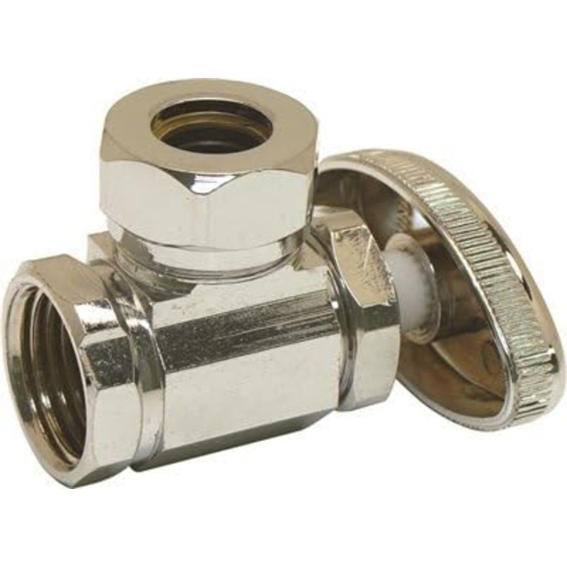 BrassCraft Quarter Turn Inlet x 7/16 in. & 1/2 in. OD Slip-Joint Outlet 1/4-Turn Angle Ball Stop, 1/2″Fip X1/2″, Chrome
