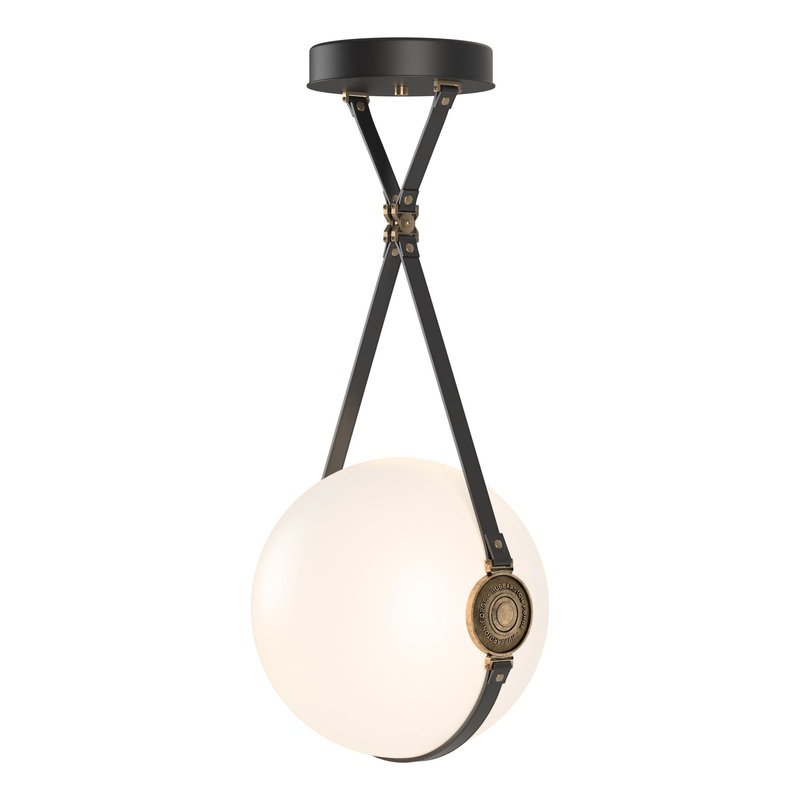 Derby Large LED Pendant Black Antique Brass with Black Leather Hubbardton Forge Branded Plate