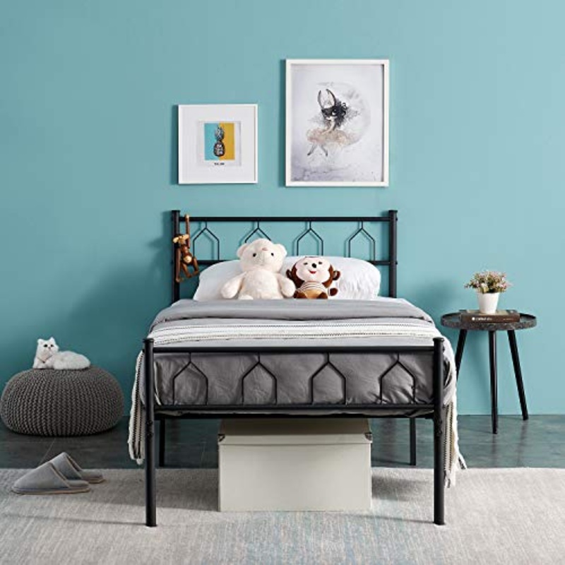 HJhomeheart Struttura Letto Singolo Letto Singolo in Ferro Battuto Moderno Struttura Piattaforma con Testiera Winebowl, Giroletto con Doghe in Metallo per Adulti, Letto 90 x 190 cm, Nero