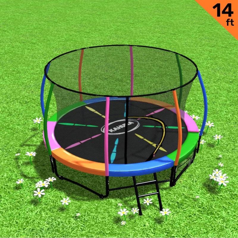Kahuna 14ft Trampoline Free Ladder Spring Mat Net Safety Pad Cover Round Enclosure – Rainbow