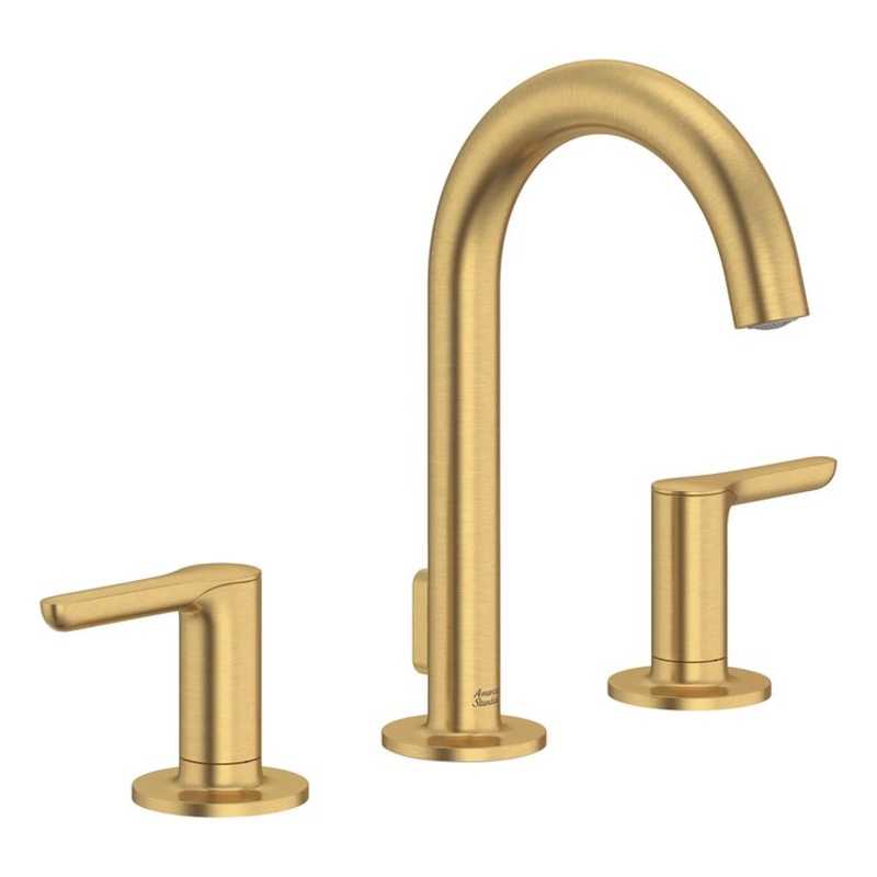 Lavatory Faucet Studio S Widespread 6-12 Inch Spread 2 Lever ADA CALGreen/WaterSense/CEC Brushed Cool Sunrise 1.2 Gallons per Minute Push Pop-Up Drain 3 Hole