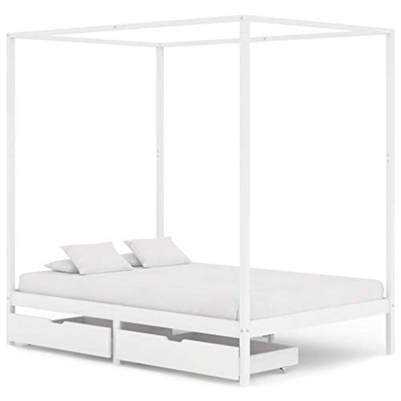 BIGTO – Struttura letto a baldacchino con 2 cassetti in legno di pino massello, mobili per camera da letto, 140 x 200 cm, colore: Bianco