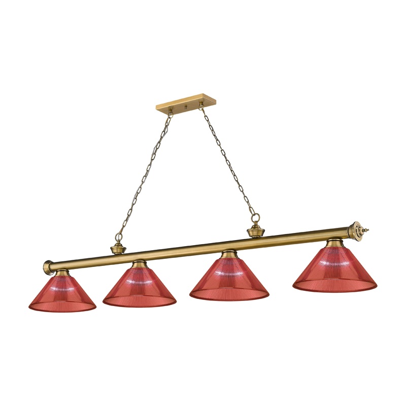 Cordon 4-Light Billiard Rubbed Brass Cone Burgundy Acrylic