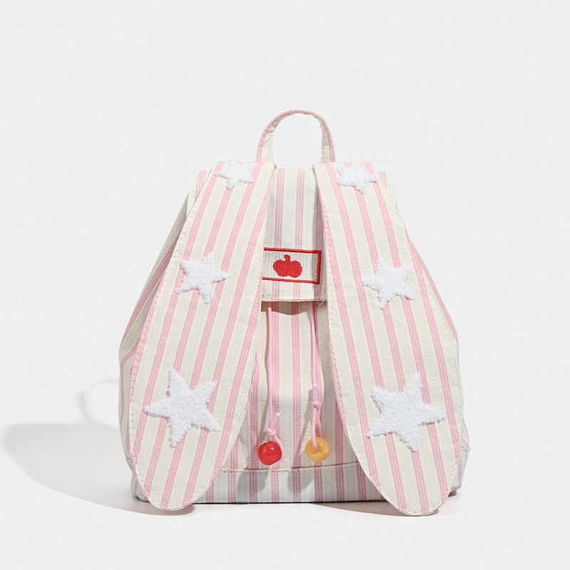Cute Pink Stripe Bunny Ear Backpack – Star Applique, Kawaii Student Bag