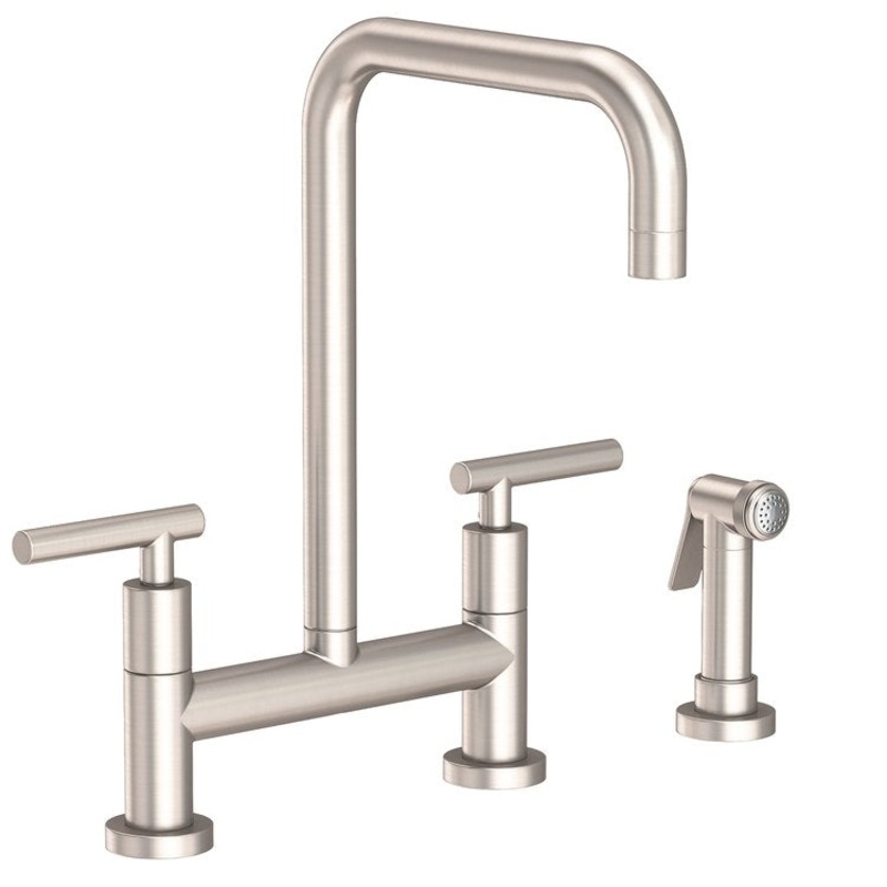 Kitchen Faucet East Square Bridge 8 Inch Spread 2 Lever ADA Satin Nickel PVD Sidespray Spout Height 11-1/5 Inch 1.8 Gallons per Minute