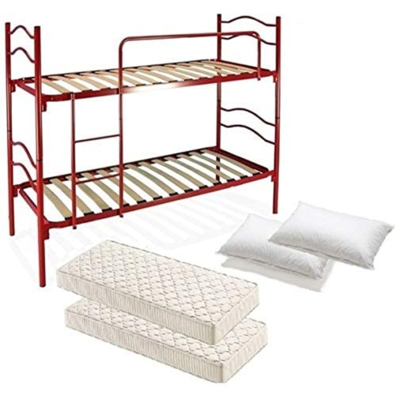 DOLCI SOGNI Letto a Castello per Adulti e Bambini 205×80 cm Altezza 150 cm, Colore Rosso, Letti a Castello con 2 Rete Letto Singolo 80×190, 2 Materasso Singolo 80×190 Waterfoam, 2 Cuscini Anallergici