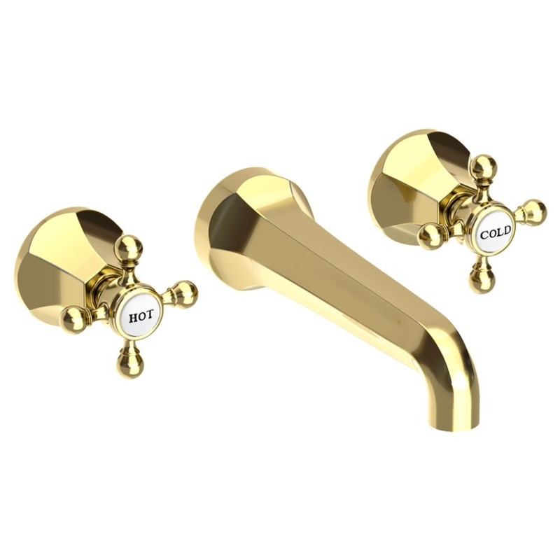 Lavatory Faucet Metropole Wall Mount 8 Inch Spread 2 Cross ADA WaterSense Forever Brass PVD 1.2 Gallons Per Minute Brass Less Drain Spout Reach 7-1/2 Inch