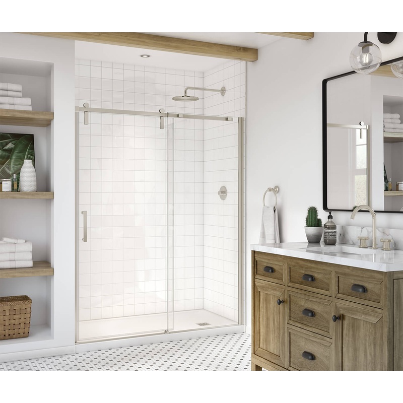 MAAX 137681-900-305-000 Outback 55  – 58  x 70  in. 8mm Sliding Shower Door for Alcove Installation with Clear glass in Brushed Nickel
