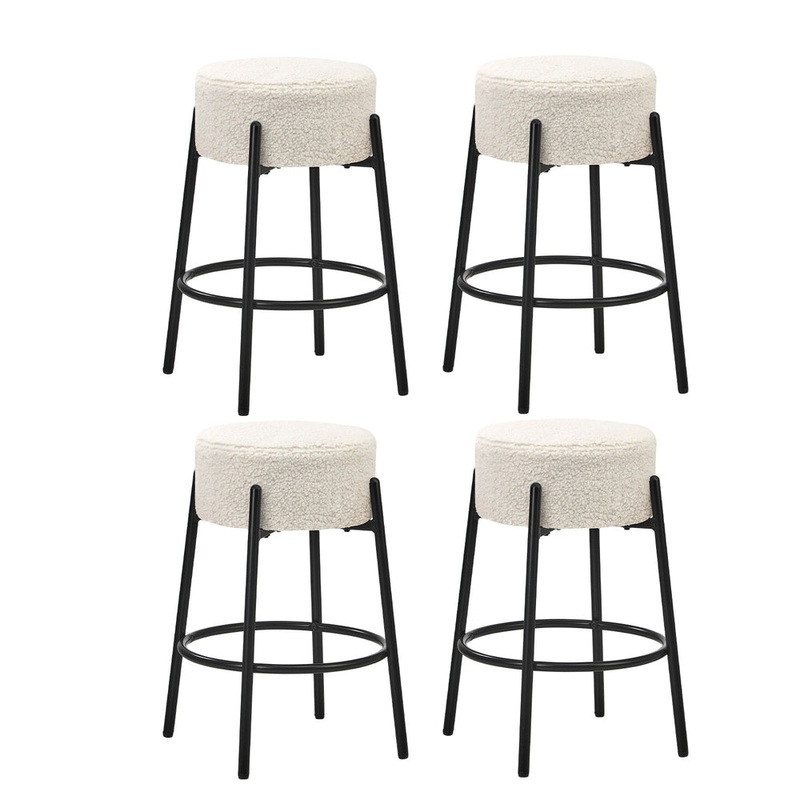 Oikiture 4x Bar Stools Kitchen Round Stool Boucle Fabric White