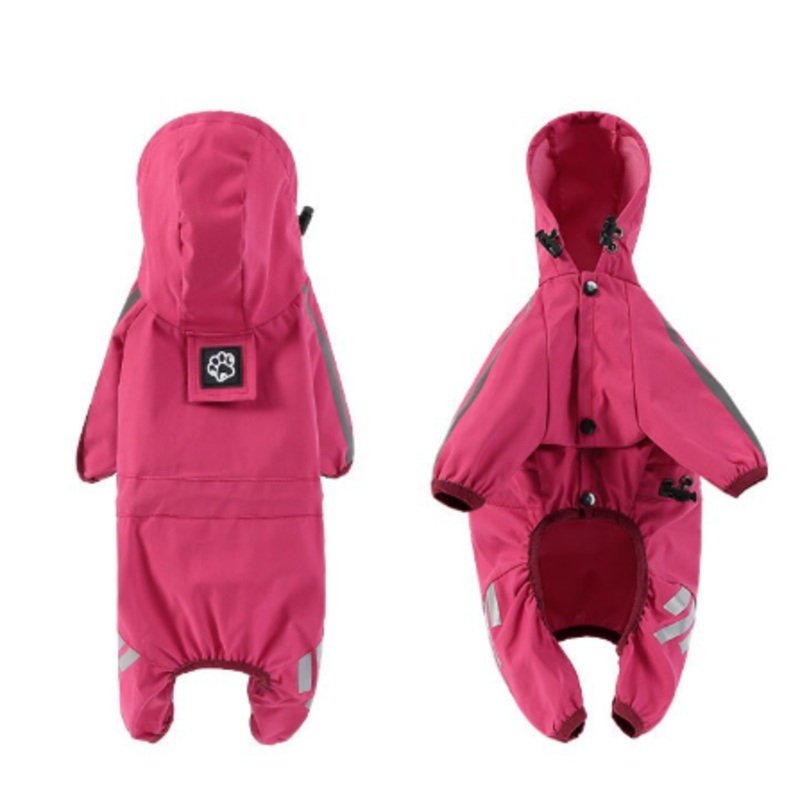 L Pink And Gray Trim Waterproof Four-Legged Dog Raincoat with Leash Hole for Small Breeds
