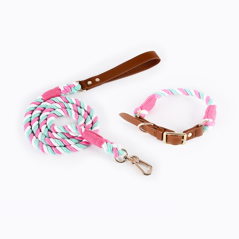 Premium Leather Pet Collar and Leash – Soft, Strong Braided Rope (Pink green – Size L)
