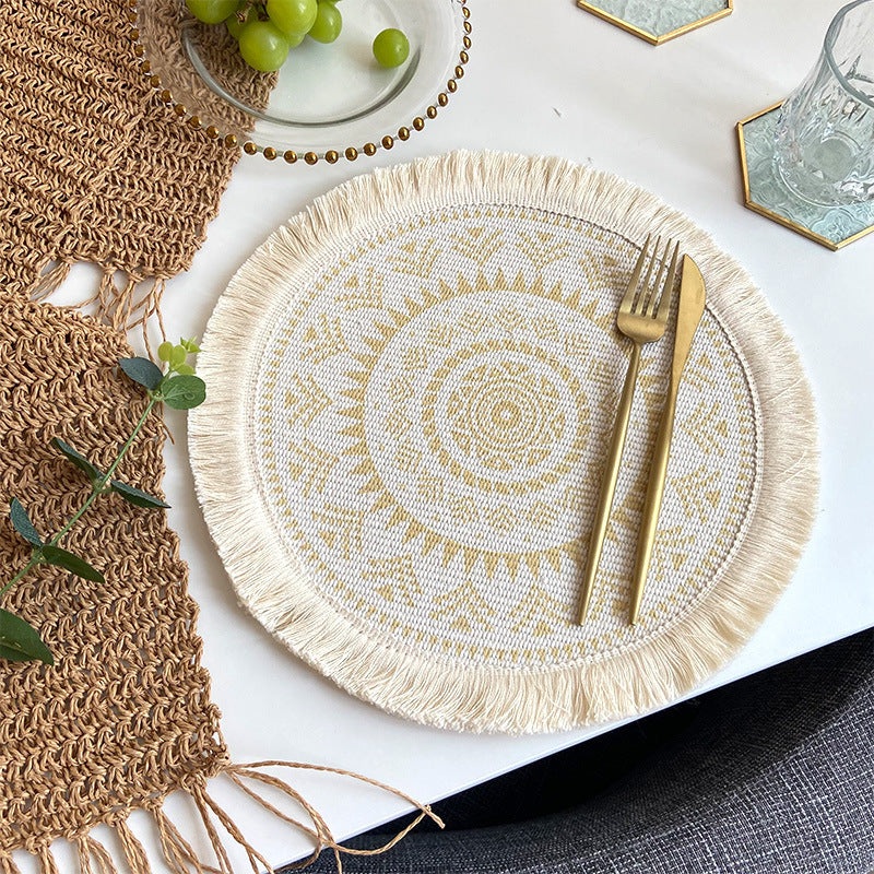 4 Pcs Beige and Yellow Boho Chic Woven Cotton Placemat with Tassels – Nordic Bohemian Style(Tableware is a prop for shooting and is not included)