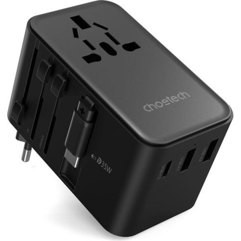 CHOETECH PD5020 35W EU/US/AUS/UK Travel Adapter with Built-in USB-C Cable – Black