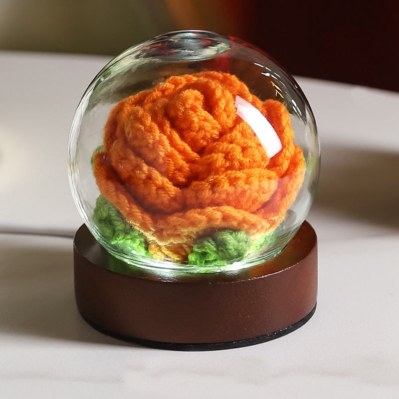 Orange Rose Handcrafted Crochet Flower LED Night Light – USB Rechargeable Glass Dome Lamp with Wood Base, 3 Color Modes