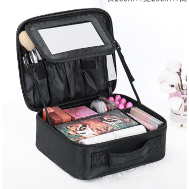 Black Oxford Fabric Makeup Case with Mirror and Partitions – All-in-One Tool Box