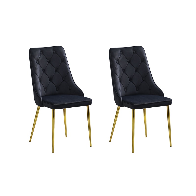 Button Tufted Black with Gold Legs Dining Chairs – Set of 4