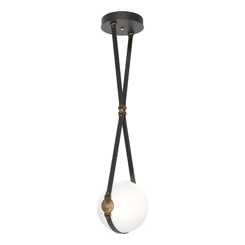 Derby Small LED Pendant Black Antique Brass with Black Leather Hubbardton Forge Branded Plate