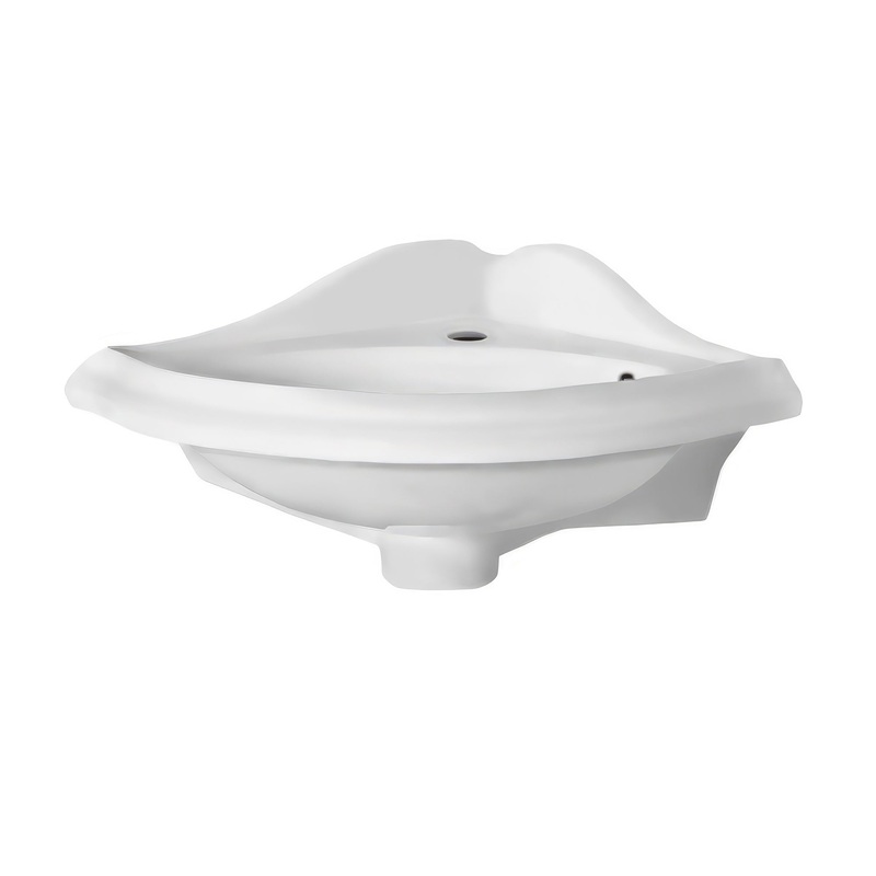 Isabella Collection Corner Wall Mount Basin with Oval Bowl, Backsplash, Decorative Trim Overflow and Single Hole Faucet Drilling