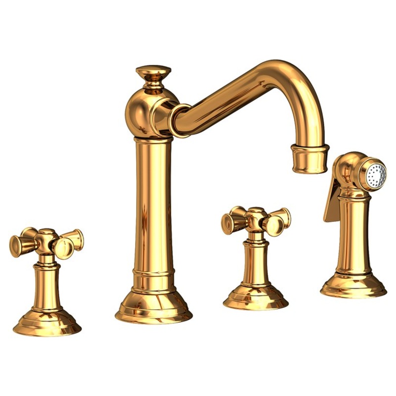 Kitchen Faucet Jacobean Widespread 8 Inch Spread 2 Cross ADA Polished Gold PVD Sidespray Spout Height 6 Inch 1.8 Gallons per Minute