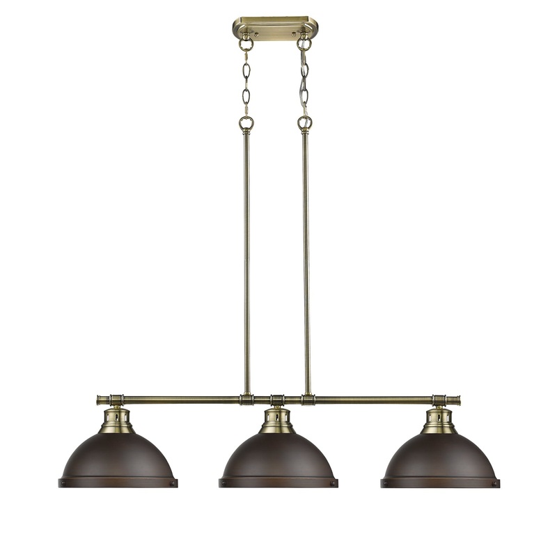 Three Light Linear Pendant from the Duncan Collection in Aged Brass Finish by Golden