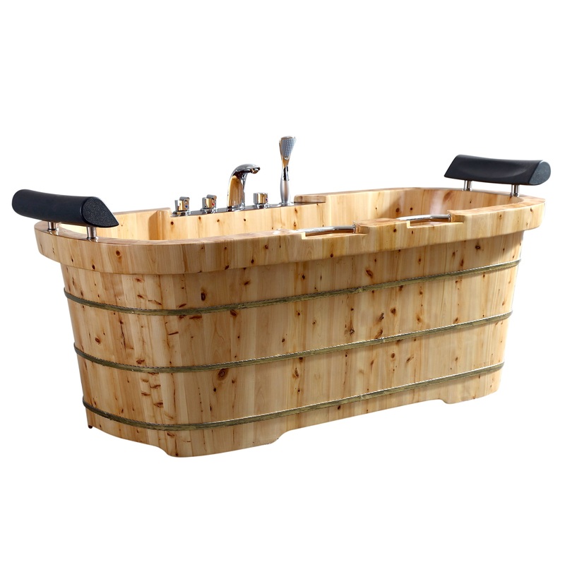 ALFI brand AB1130 65″ 2 Person Free Standing Cedar Wooden Bathtub with Fixtures & Headrests