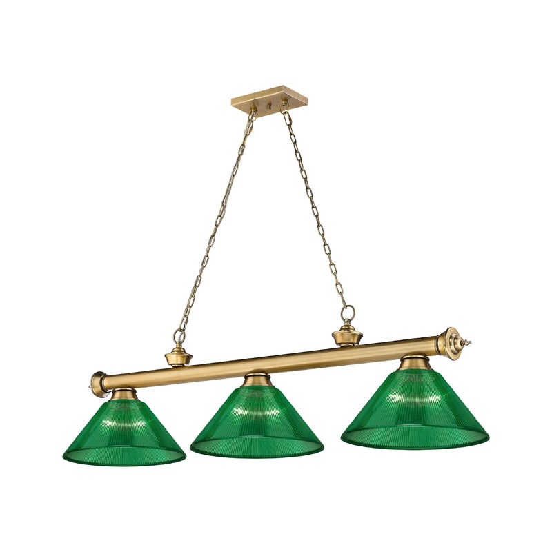 Cordon 3-Light Billiard Rubbed Brass Cone Green Acrylic