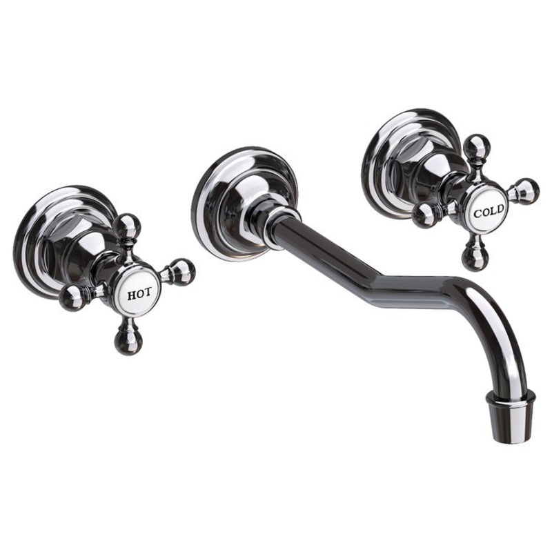 Lavatory Faucet Chesterfield Wall Mount 8 Inch Spread 2 Cross ADA WaterSense Midnight Chrome 1.2 Gallons Per Minute Brass Less Drain Spout Reach 9-3/4 Inch