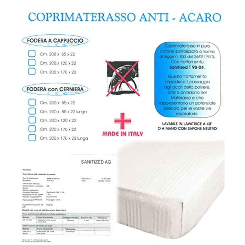 Euroricami Viterbo Coprimaterasso Fasciato ANTIACARO con Angoli Matrimoniale 2 Piazze traversa Puro Cotone