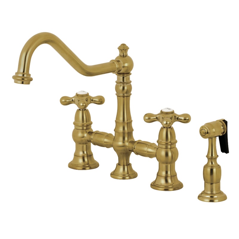 Kingston Brass KS3277AXBS Restoration 8-Inch Bridge Kitchen Faucet with Sprayer, Brushed Brass