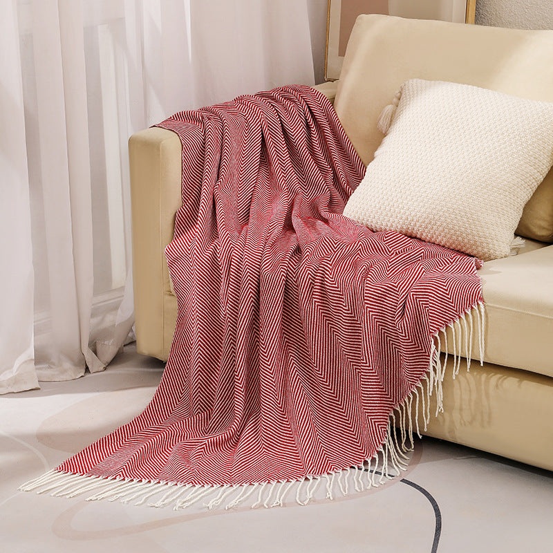 Red Elegant Herringbone Tassel Throw Blanket – Large Acrylic Faux Cashmere Soft Cozy Blanket for Sofa, Bed & Decor (130x240cm)