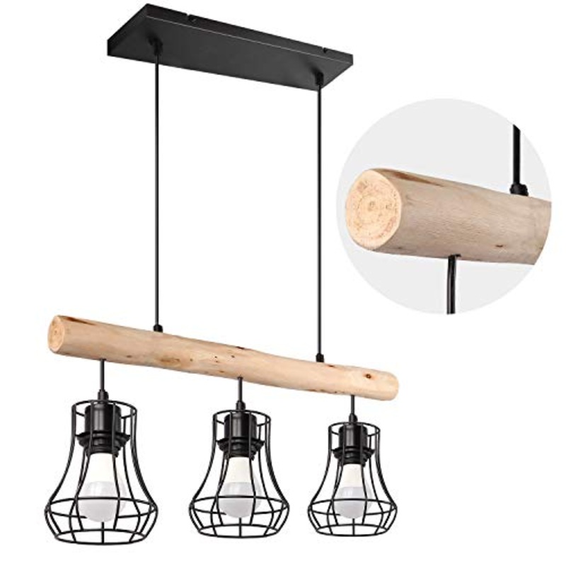 Lampadario a Sospensione da soffitto a 3 luci Pendenti  Design rtro/Vintage in Legno e Metallo  Compatibile con lampadine E27 | Lampadario Industriale la Cucina, Soggiorno, Corridoio