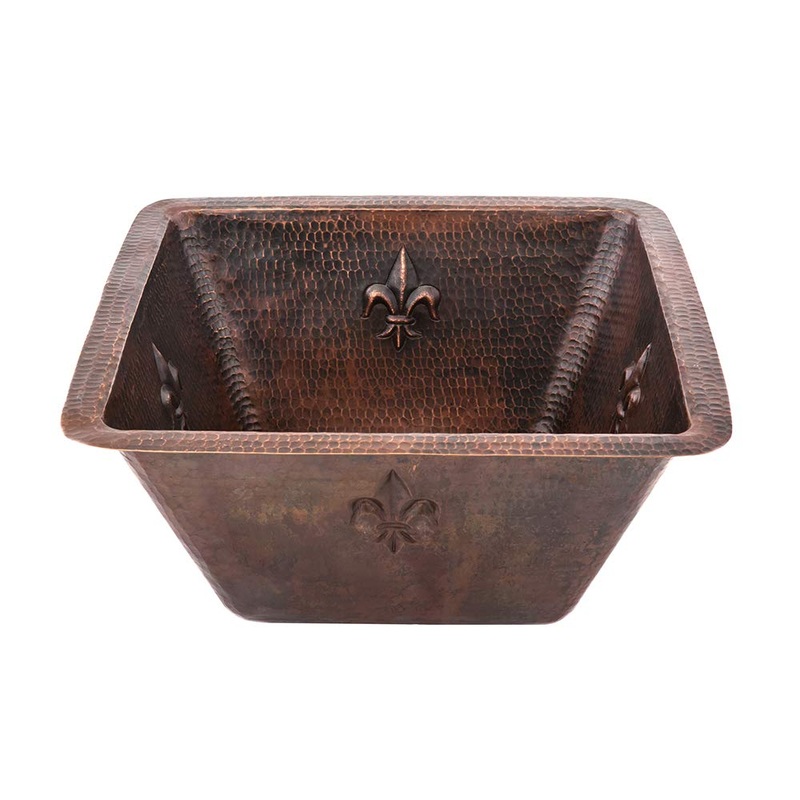 Premier Copper Products BS15FDB3 15-Inch Universal Square Fleur De Lis Hammered Copper Sink with 3.5-Inch Drain Size, Oil Rubbed Bronze (Showroom Display for Sale)