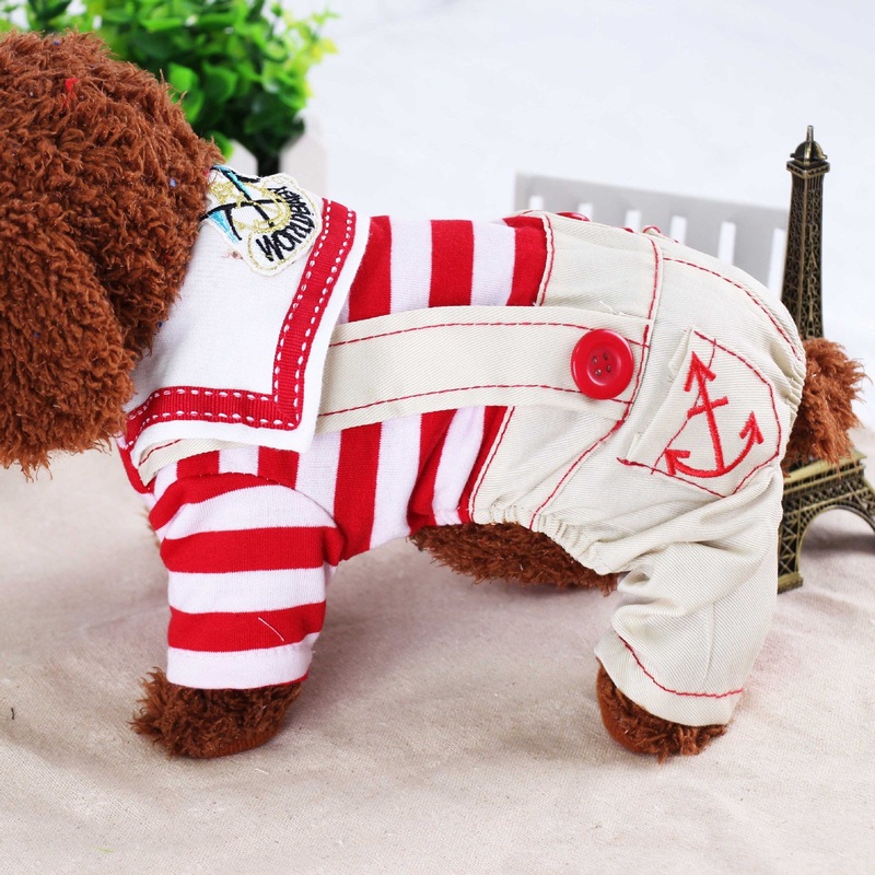 Red Cute Sailor Dog Outfit – Striped Shirt & Anchor Overalls for Small Dogs (Size : M )