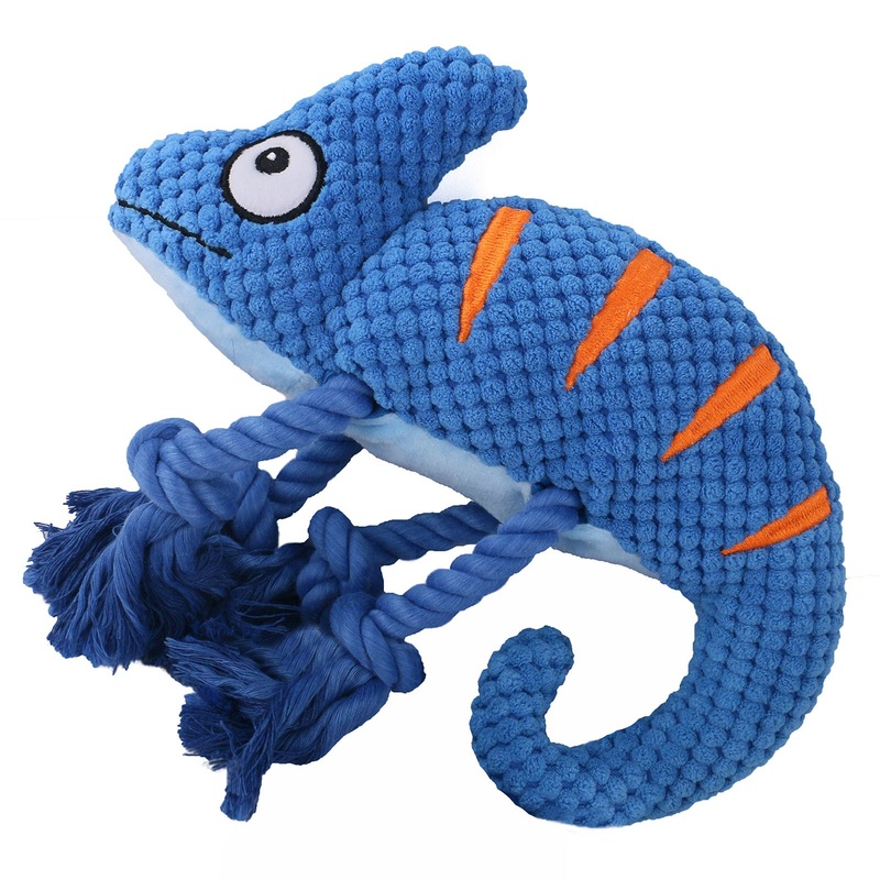 2 Pcs Blue Interactive Plush Chameleon Dog Toy with Squeaker & Rope Legs – Durable Chew Toy for Medium/Large Dogs, Teeth Cleaning Texture, Machine Washable (10.2in)