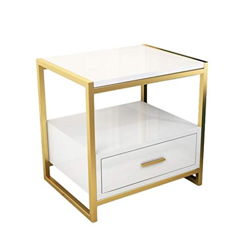 Comodino moderno comodino con struttura in ferro dorato a forma di quadrato in truciolato, ripiano multifunzionale comodini per camera da letto comodino con 1 cassetto, facile da montare.