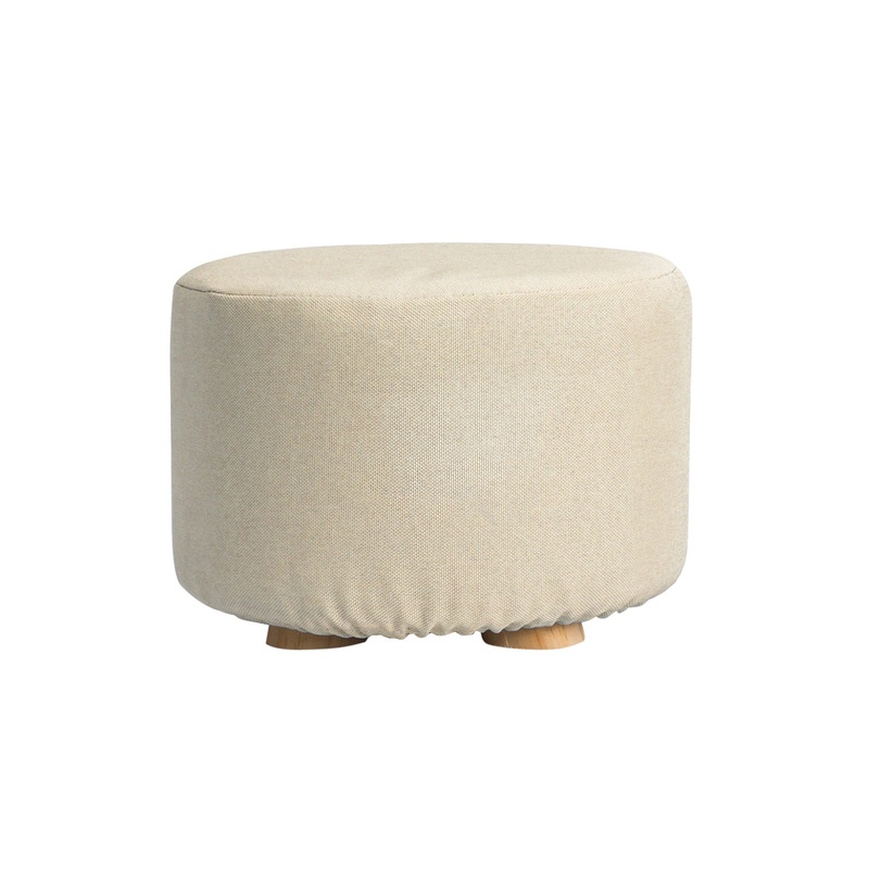 Fabric Ottoman Round Wooden Leg Foot Stool – BEIGE