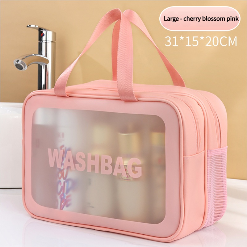 2PCS Dual-Layer Transparent PU Cosmetic Pouch – Wet and Dry Separation, Large size(31*15*20cm)- Pink
