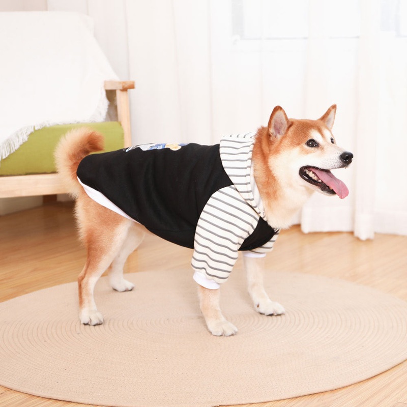 Autumn/Winter Dog Clothes – Black Hoodie with Striped Hood & Baseball Bear (Size – 2XL)