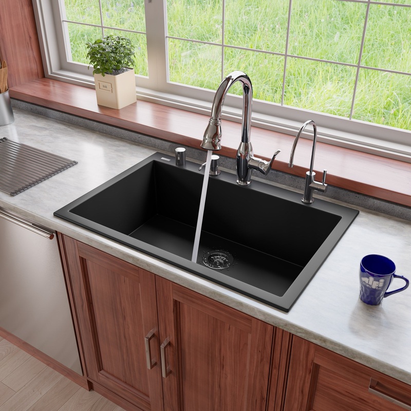 ALFI brand AB3322DI-BLA Black 33″ Single Bowl Drop In Granite Composite Kitchen Sink