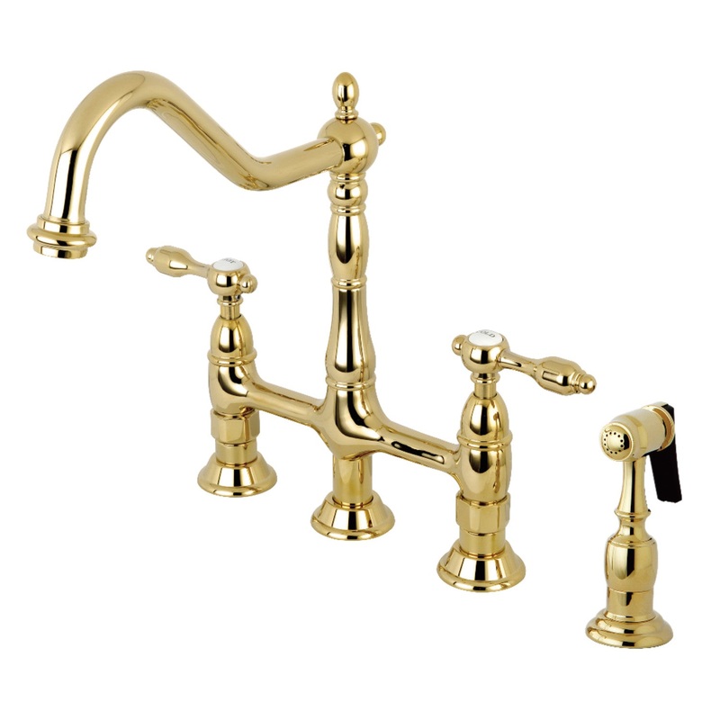 Kingston Brass KS1272TALBS Tudor Bridge Kitchen Faucet with Brass Sprayer, Polished Brass