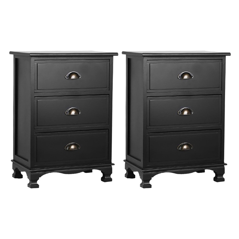 Artiss 2x Bedside Table 3 Drawers Vintage – THYME Black