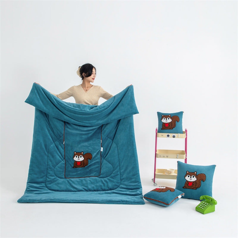 Blue Little Squirrel – 2-in-1 Foldable Car Pillow Blanket – Cozy 40x40cm Pillow, Unfolds to 100x150cm Blanket for Travel and Office Naps